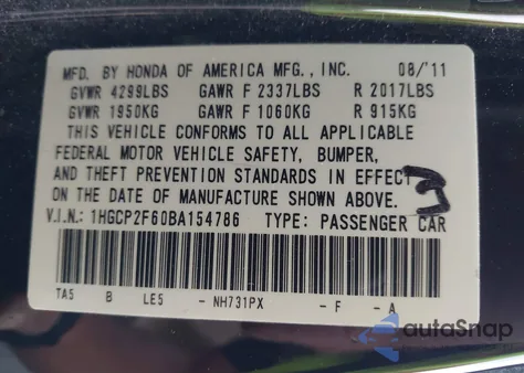 2011 Honda Accord 2.4 Se from USA, damaged, VIN 1HGCP2F60BA154786